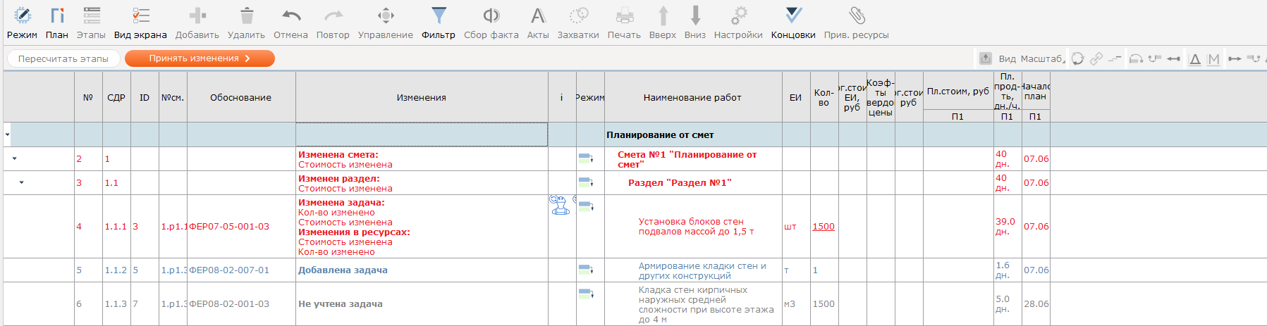 Обновление графика производства работ от смет